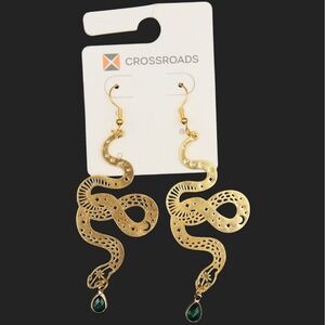 Gold Tone Snake Earrings Emerald Green Gem Dangle Statement Celestial Moon